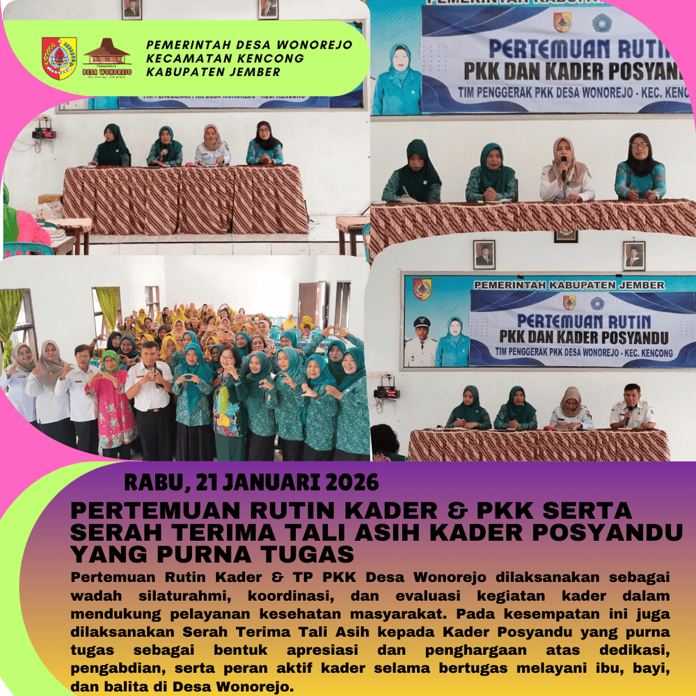 PERTEMUAN RUTIN KADER DAN TP PKK SERTA PENYERAHAN TALI ASIH DILAKUKAN SECARA SIMBOLIS KEPADA KADER POSYANDU PURNA TUGAS.