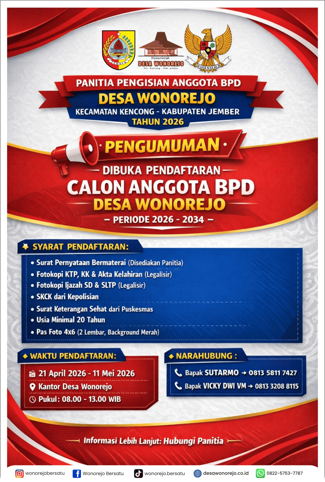Dibuka Pendaftaran Calon Badan Permusyawaratan Desa (BPD) Desa Wonorejo Periode 2026-2034